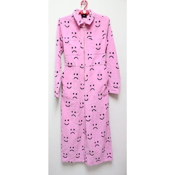 NWT Lazy Oaf Pink Happy Sad Smiley Face Cord Corduroy Coverall Jumpsuit Size 4 - Picture 2 of 5